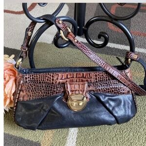 Brahmin Black Leather Brown Croc Embossed Shoulder Bag Gold hardware  Baguette